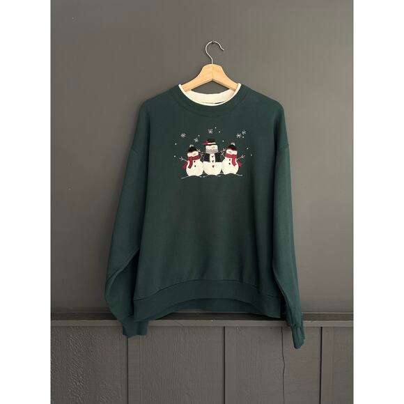 Vintage Double Collar Spruce Green Snowman Christmas Holiday Crewneck Sweater L - Picture 1 of 8